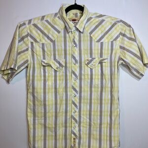 Larry Mahan Men's Large Yellow Pearl Snap Shirt Plaid Western Wear Short Sleeve